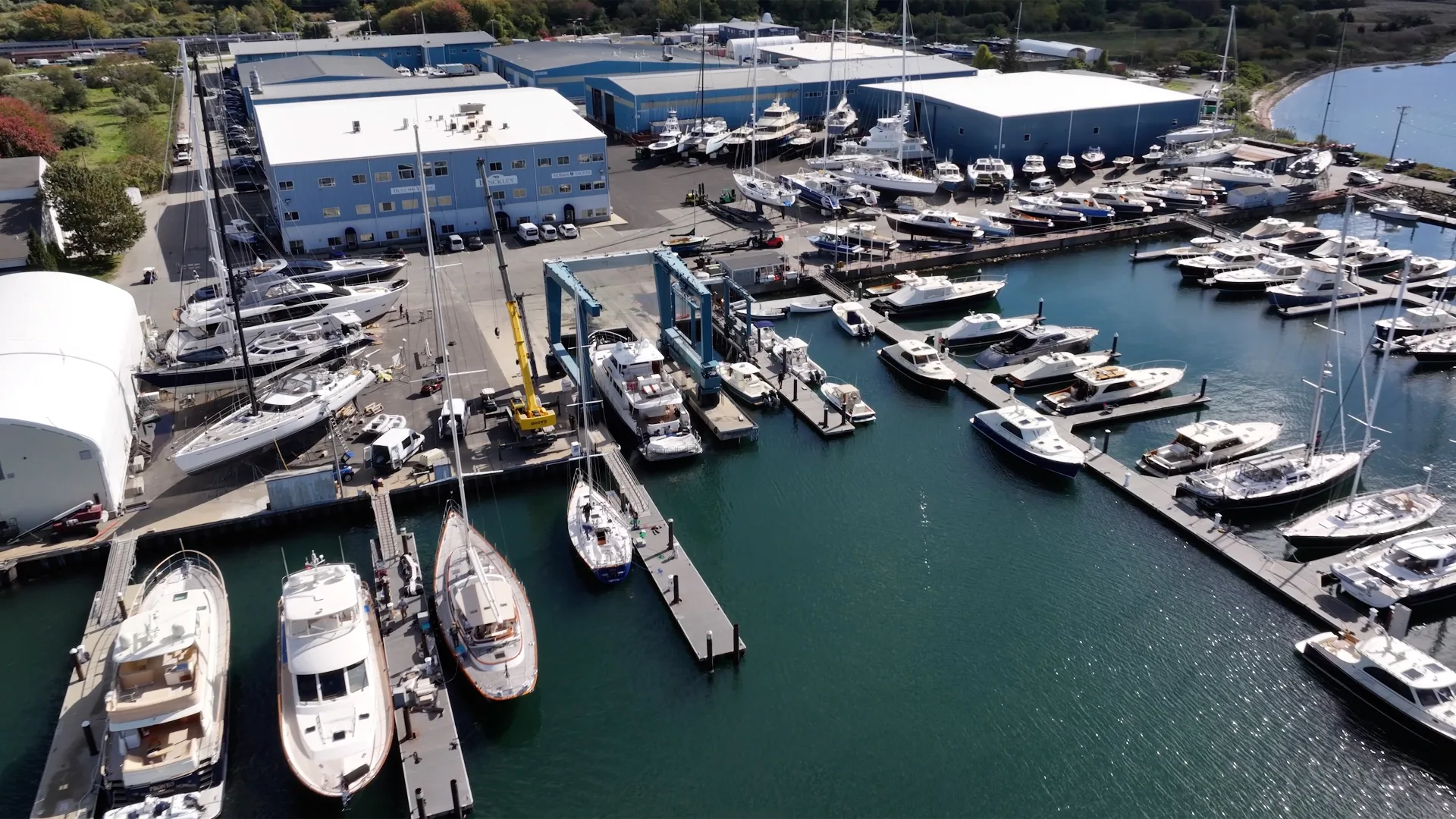Overhead view of Portsmouth marina slips, docks, and service buildings