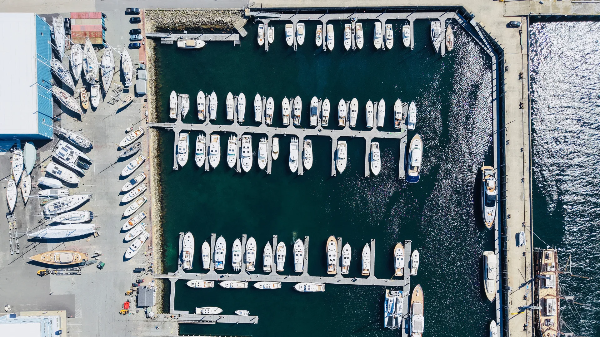 Overhead view of empty and occupied slips at the Portsmouth marina