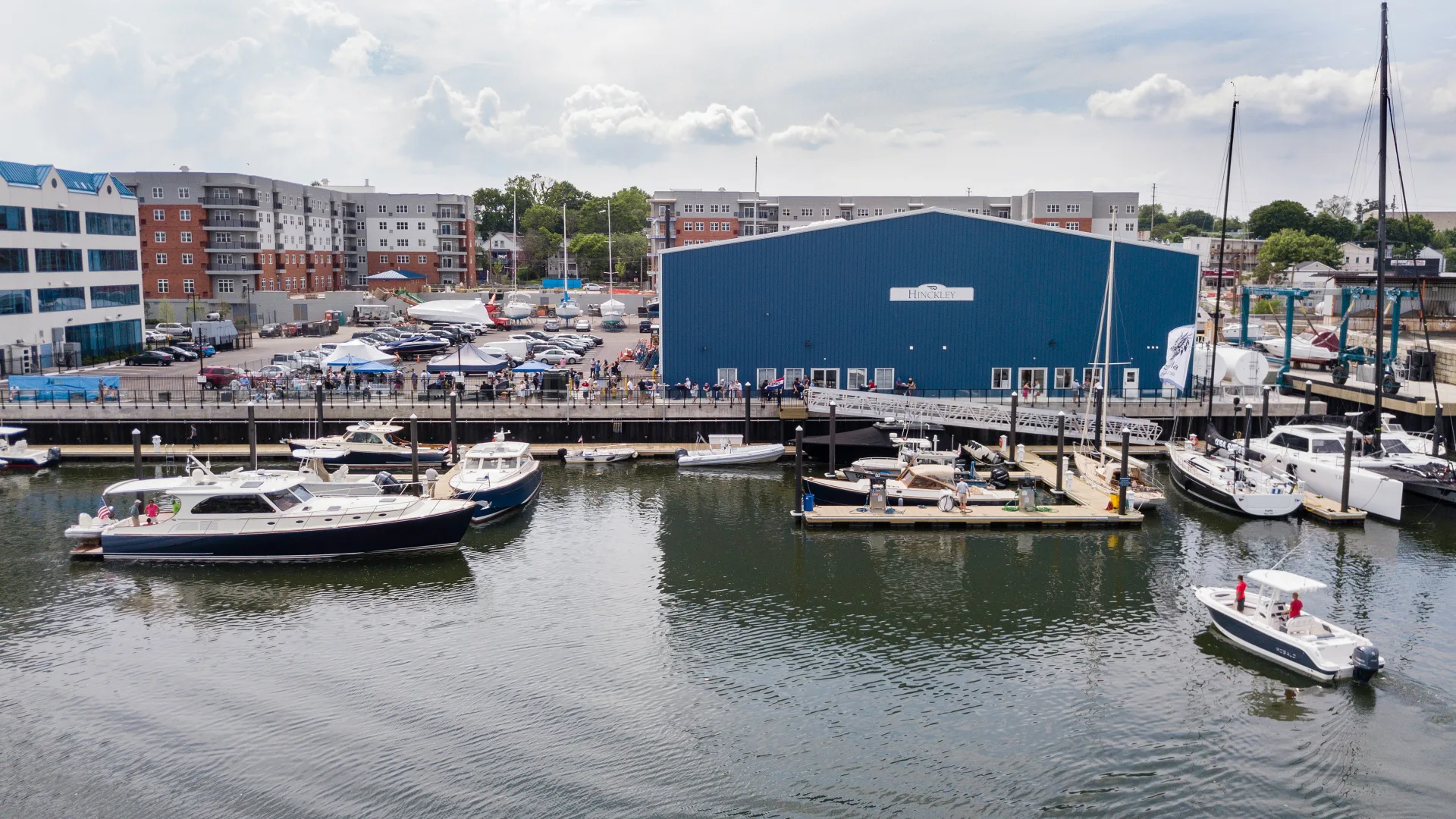 Stamford marina docks beside the blue Hinckley service building