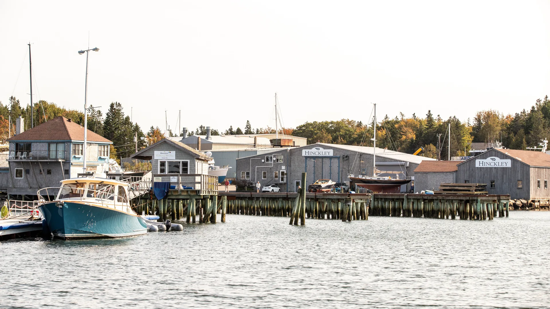 Southwest Harbor service buildings and docks viewed from the water
