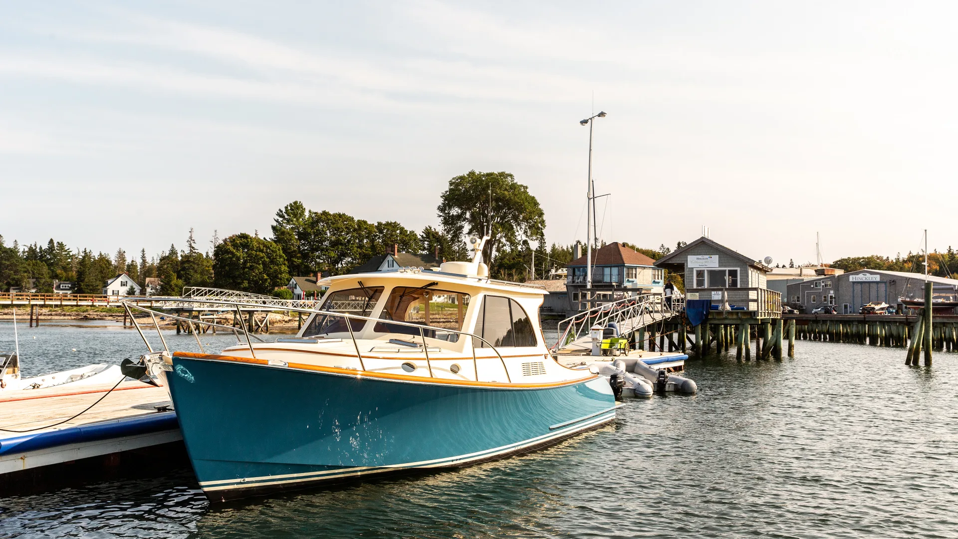 Hinckley picnic boat tied to a dock in Southwest Harbor