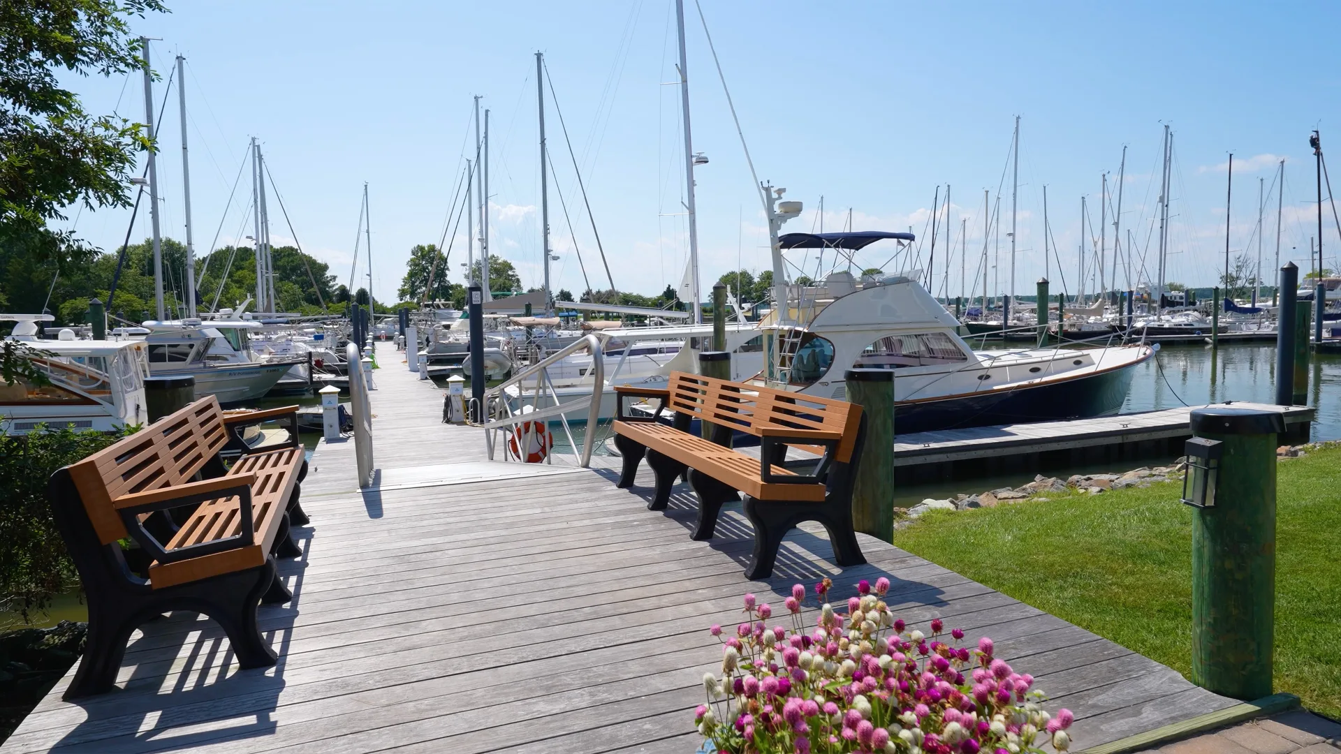 Oxford marina boardwalk with benches, dock pilings, and sailboats
