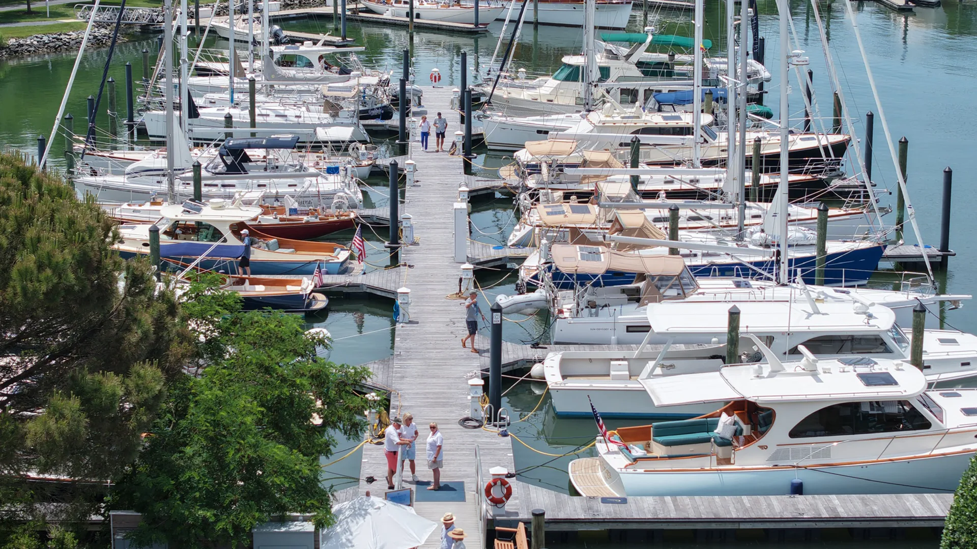 Overhead view of Oxford marina slips and docked boats