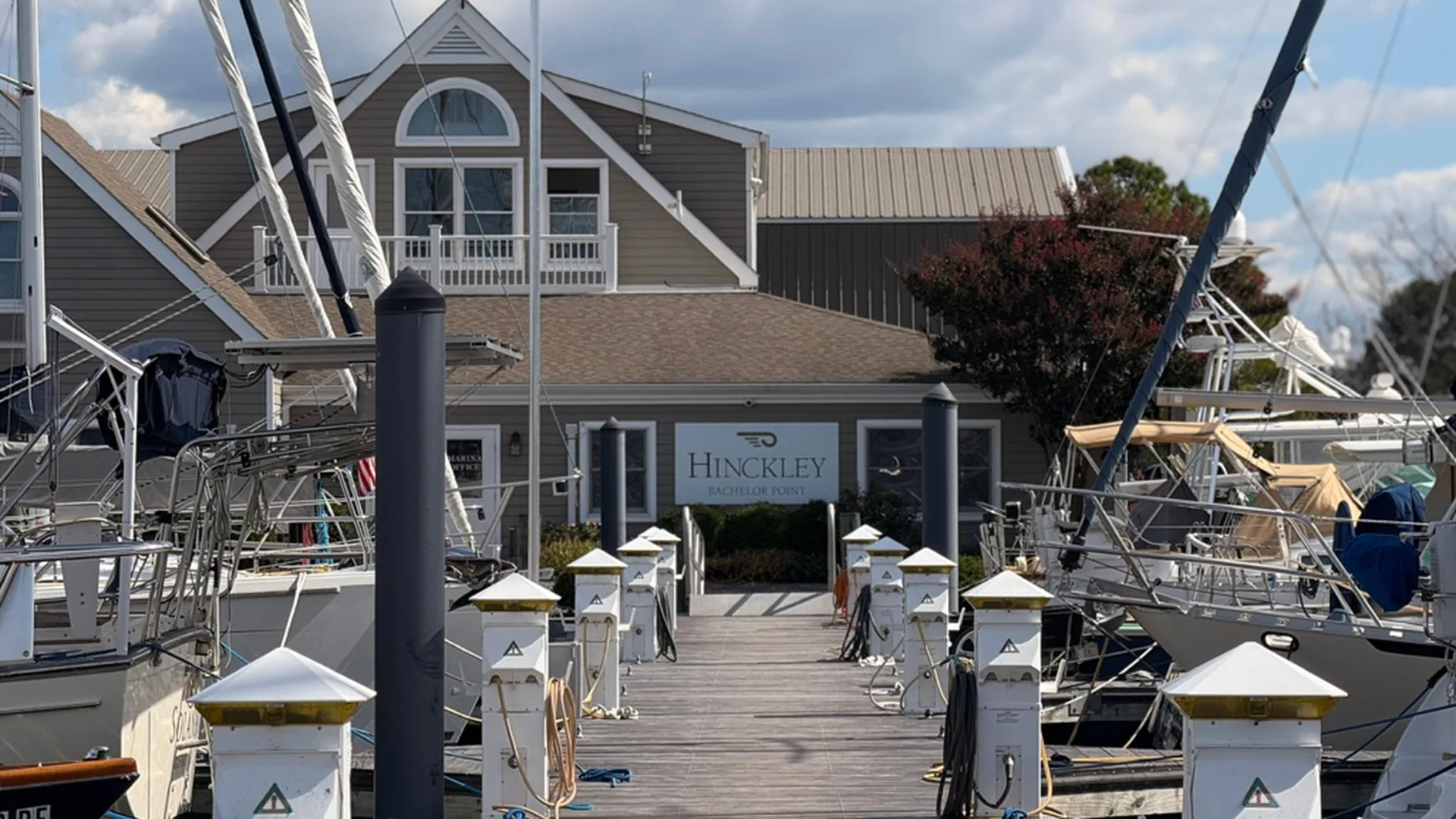 Oxford marina office with dock walkway and pilings