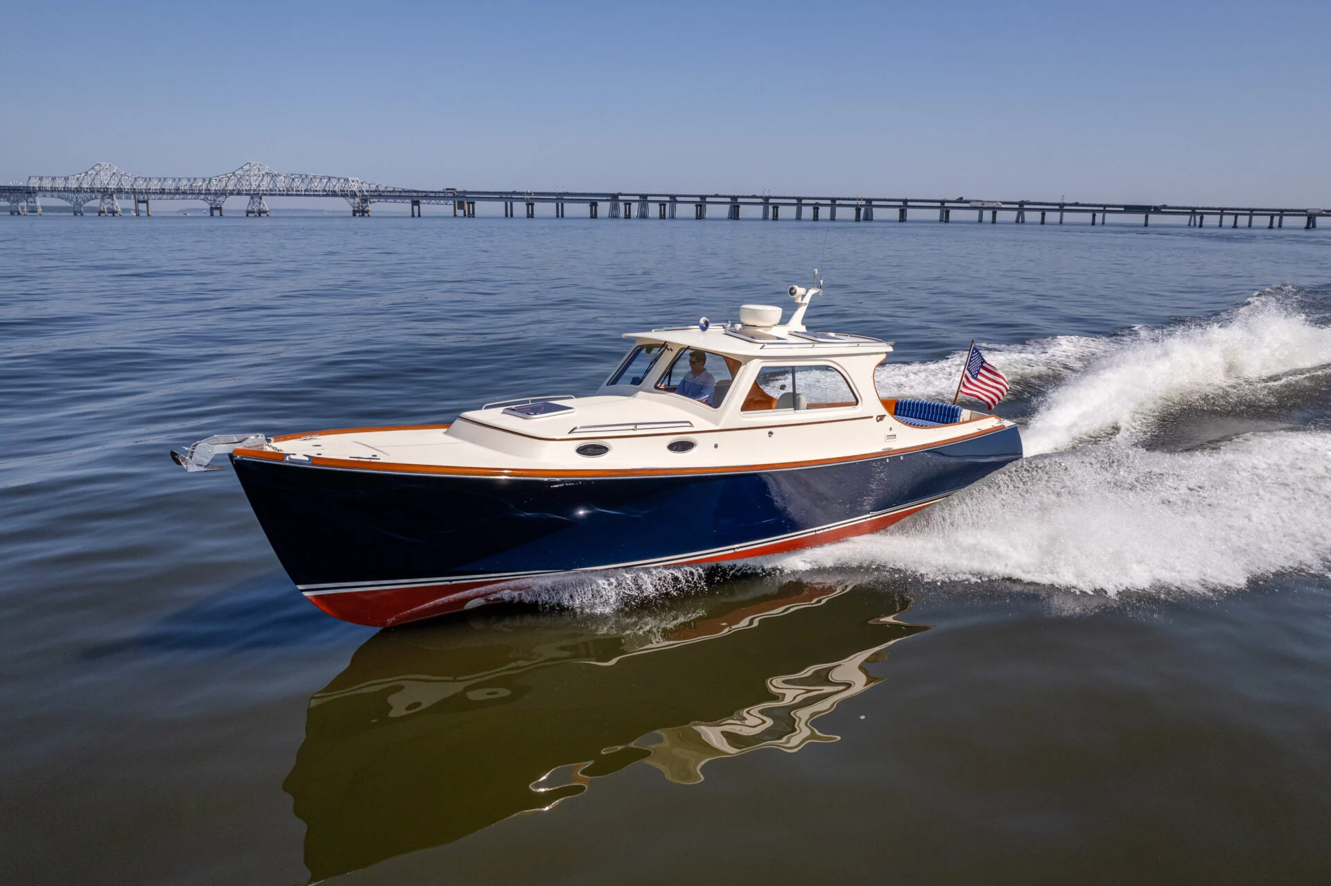 Hinckley Picnic Boat EP underway on open water, showing the classic Downeast profile and smooth wake at cruising speed.