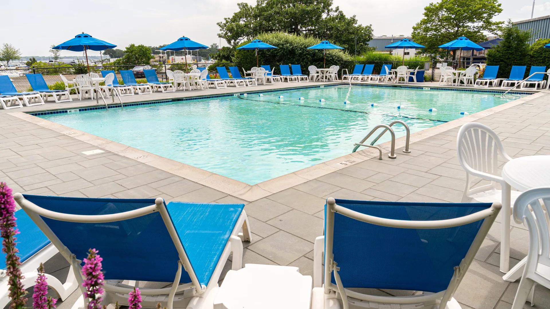 Pool and lounge chairs beside Port of Egypt marina