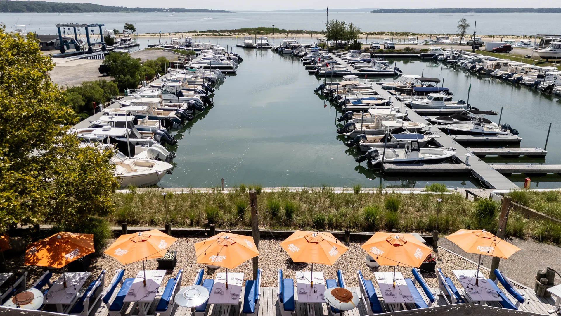 Overhead view of Port of Egypt marina slips and docked boats