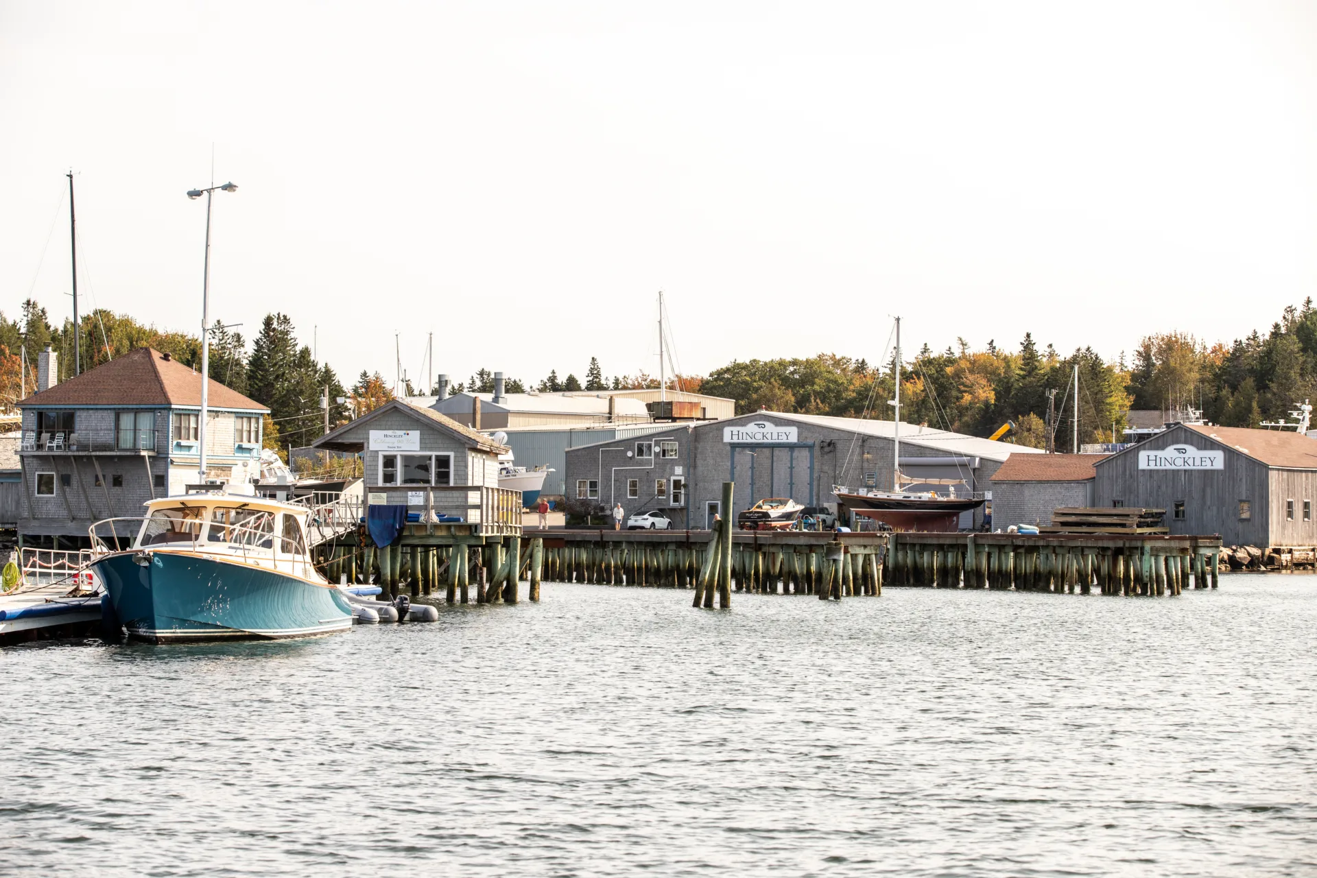 Waterfront service buildings and docks viewed from Northeast Harbor