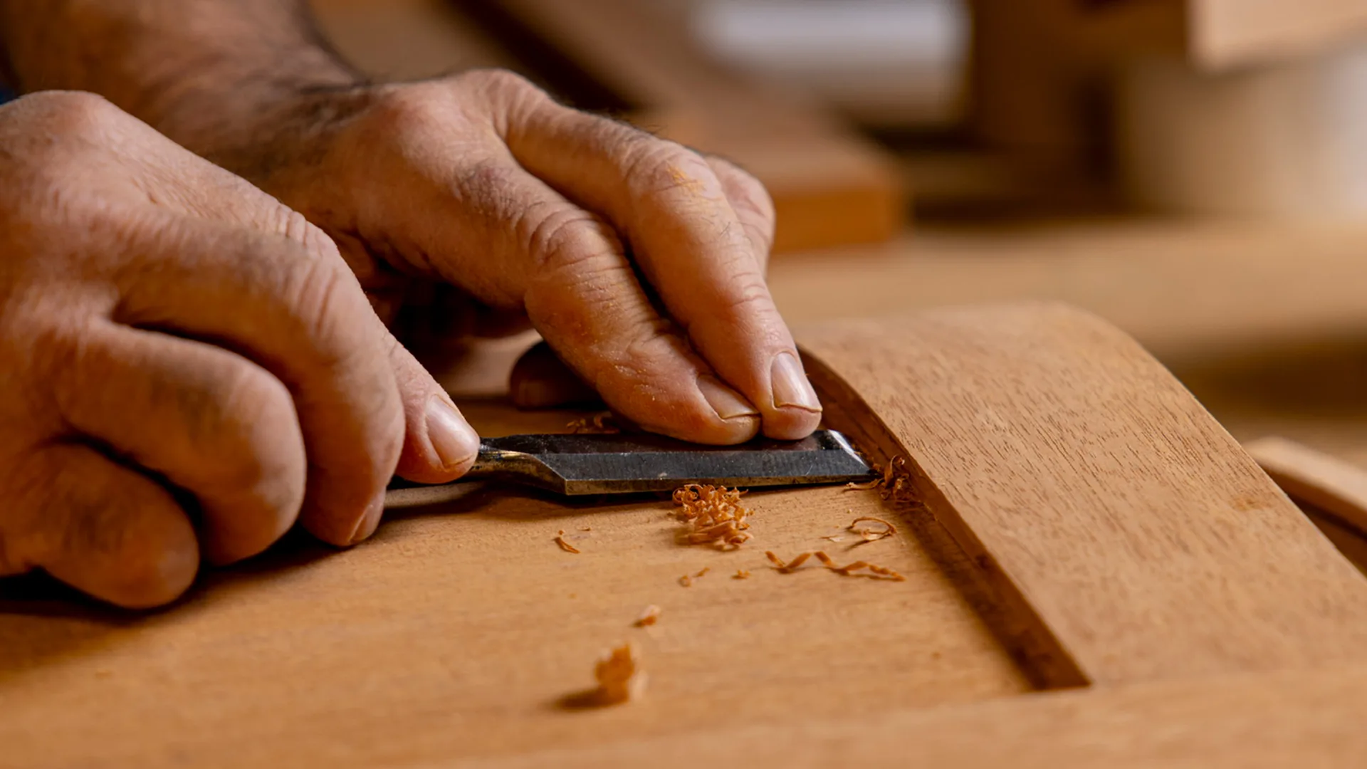 Craftsperson planing a wood panel on a bench in Stevensville