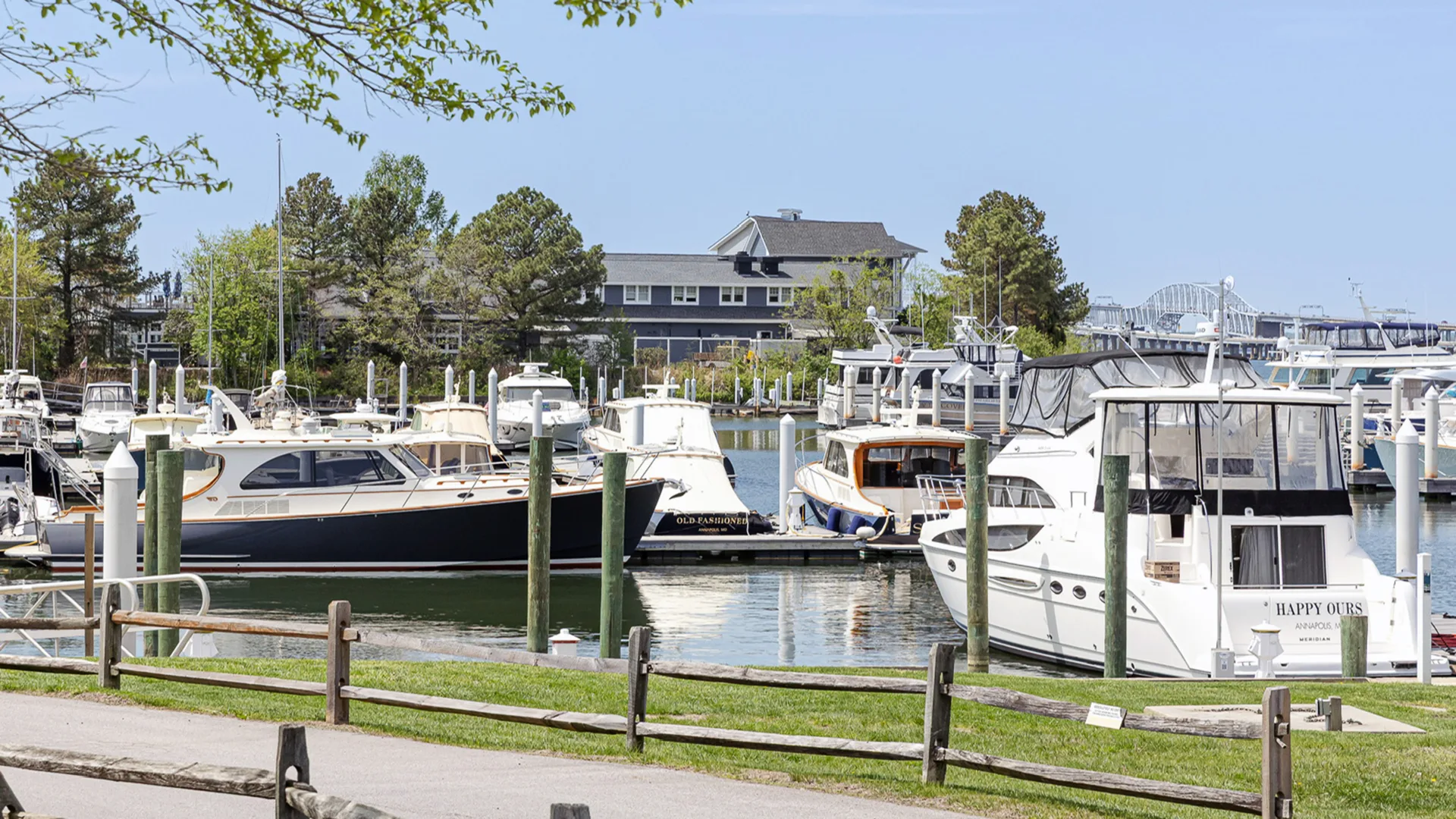 Bay Bridge Marina slips, docked boats, and waterfront building