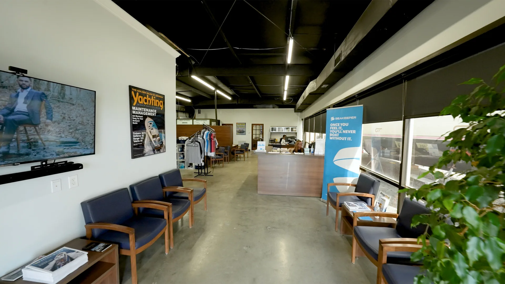 Savannah service office reception desk with chairs and Hinckley branding