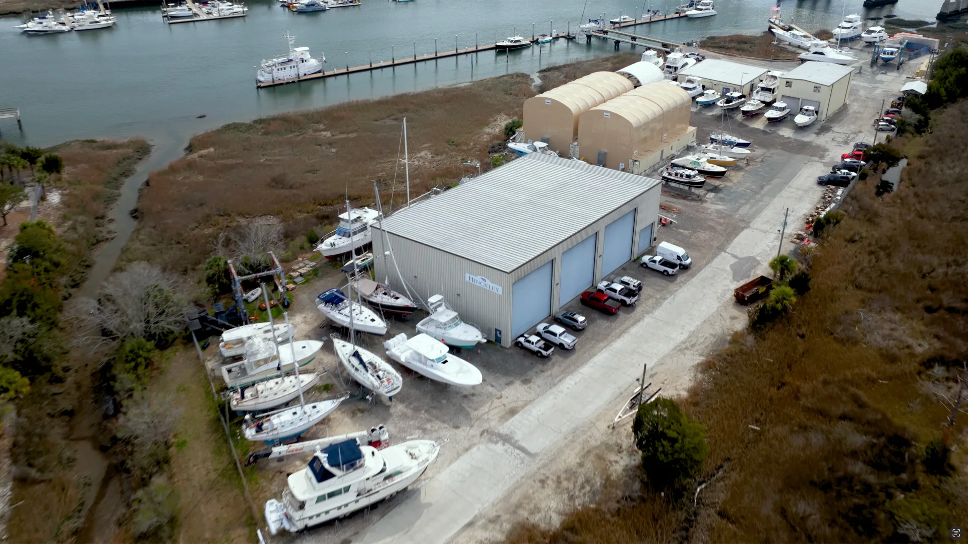 Aerial view of Savannah storage sheds with boats arranged in the yard