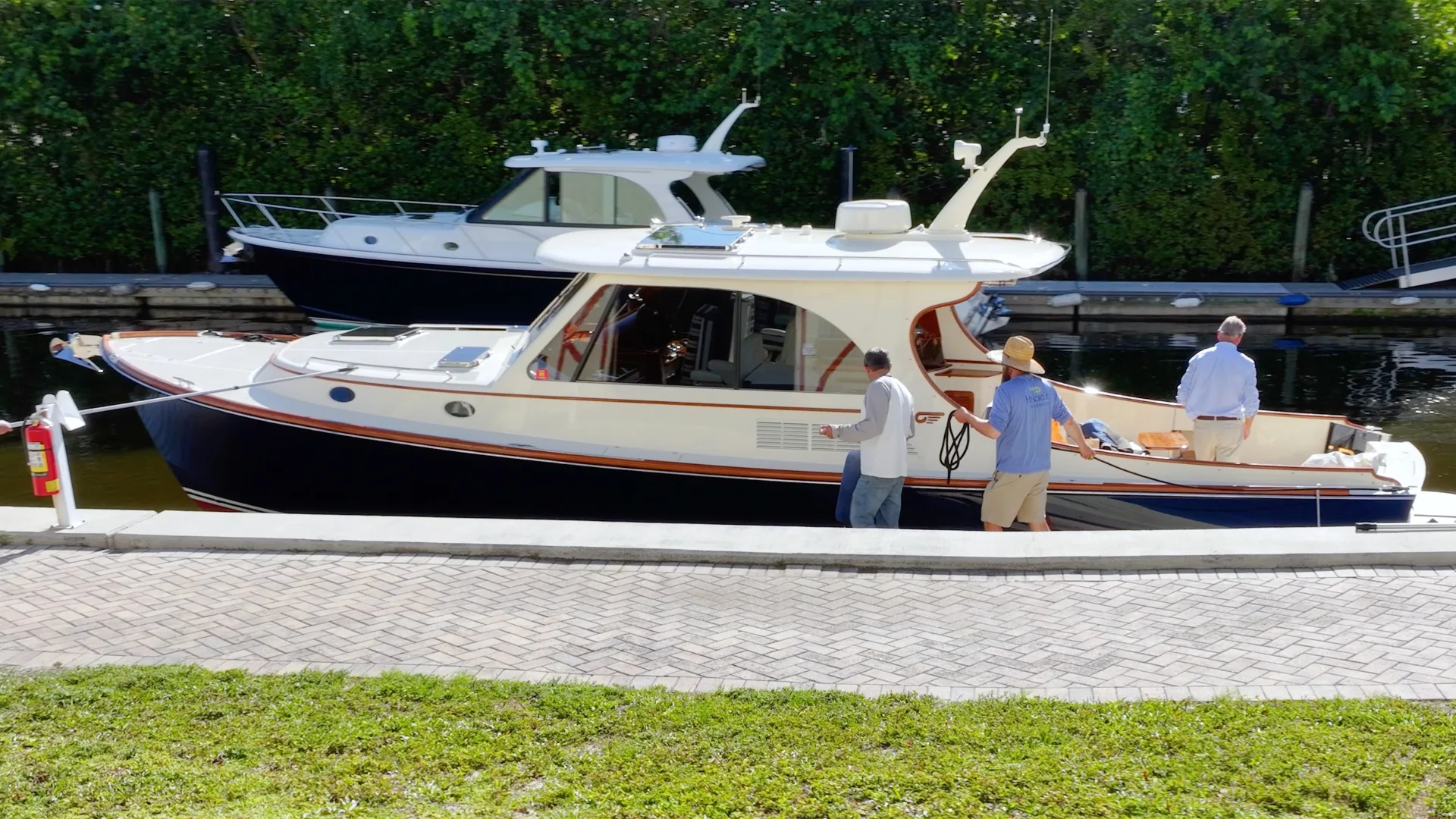 Hinckley powerboat on stands outside the Fort Myers service building